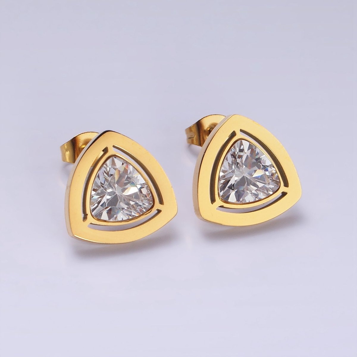 Stainless Steel 14mm Clear CZ Triangle Bezel Stud Earrings in Gold & Silver | AB1119 AB1120 - DLUXCA