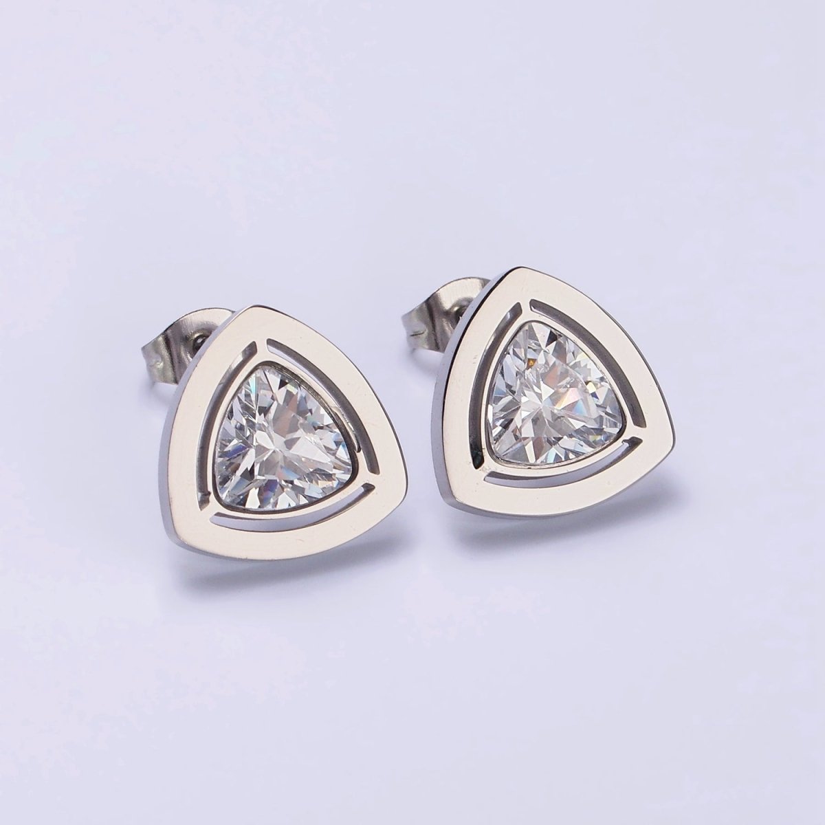 Stainless Steel 14mm Clear CZ Triangle Bezel Stud Earrings in Gold & Silver | AB1119 AB1120 - DLUXCA