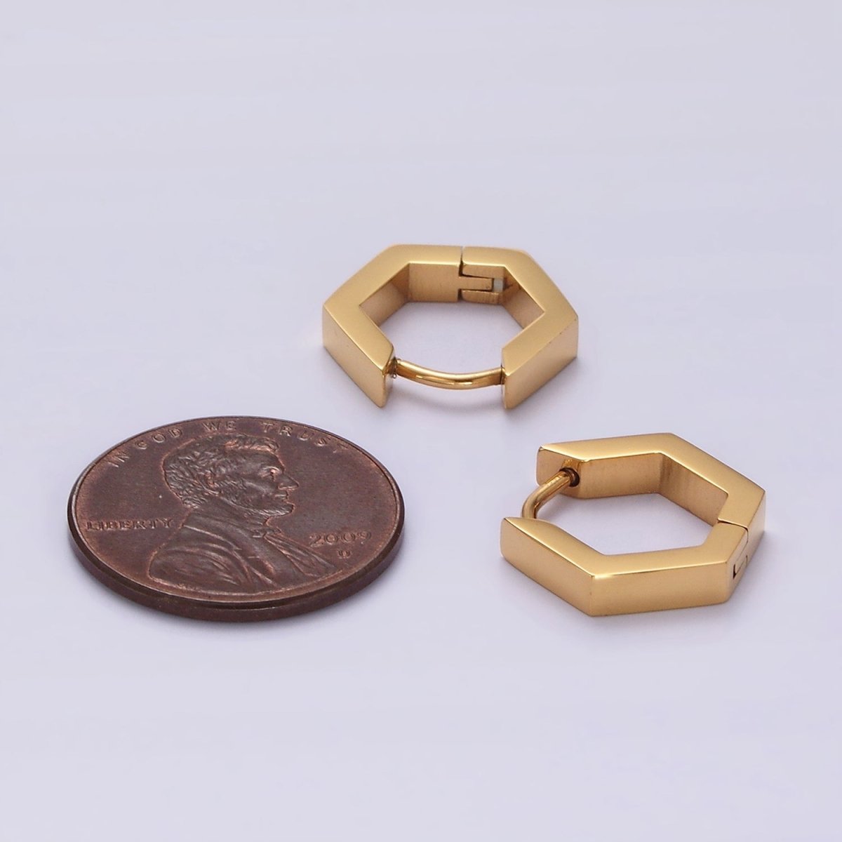 Stainless Steel 14mm Flat Hexagon Minimalist Huggie Earrings in Gold & Silver | V195 V196 - DLUXCA