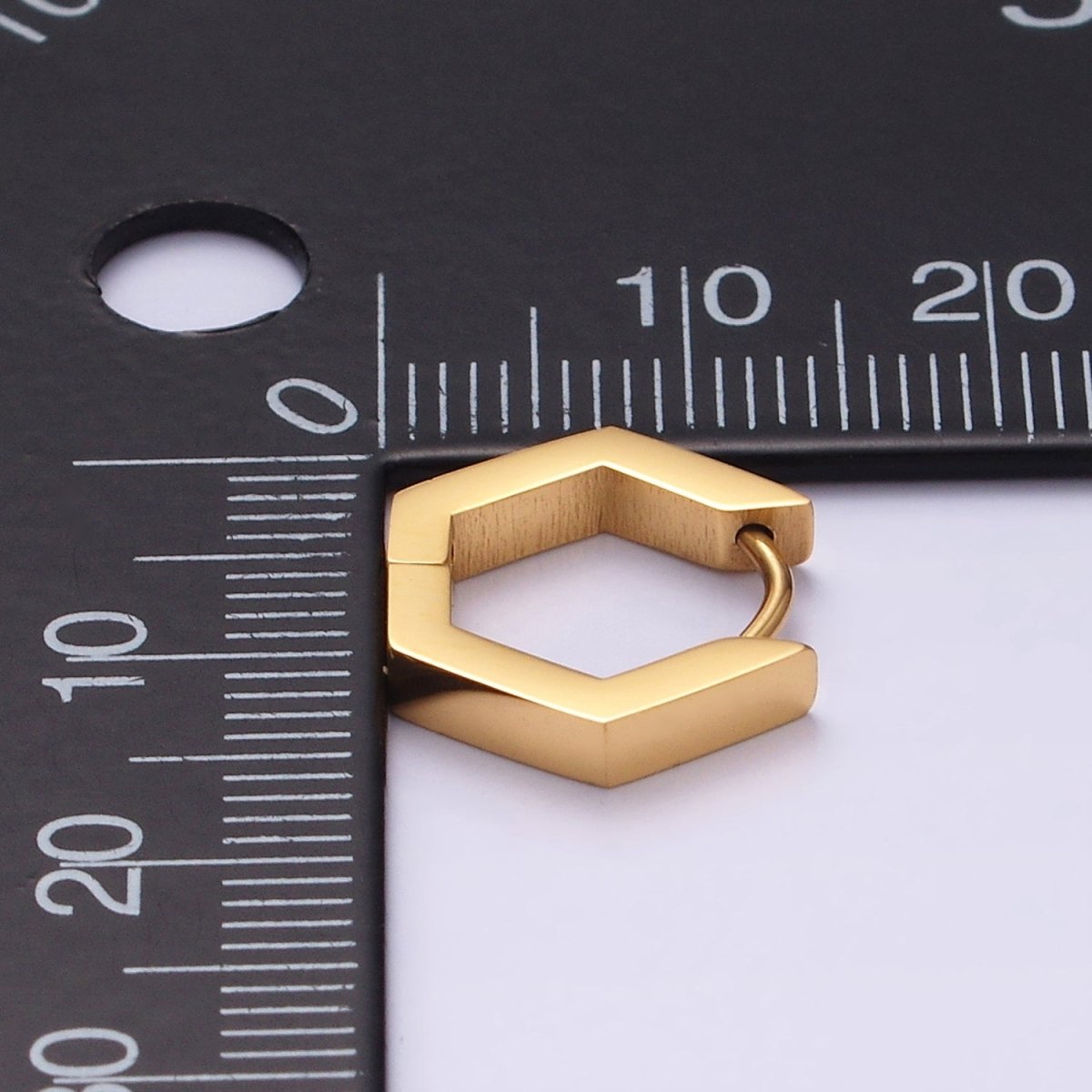 Stainless Steel 14mm Flat Hexagon Minimalist Huggie Earrings in Gold & Silver | V195 V196 - DLUXCA