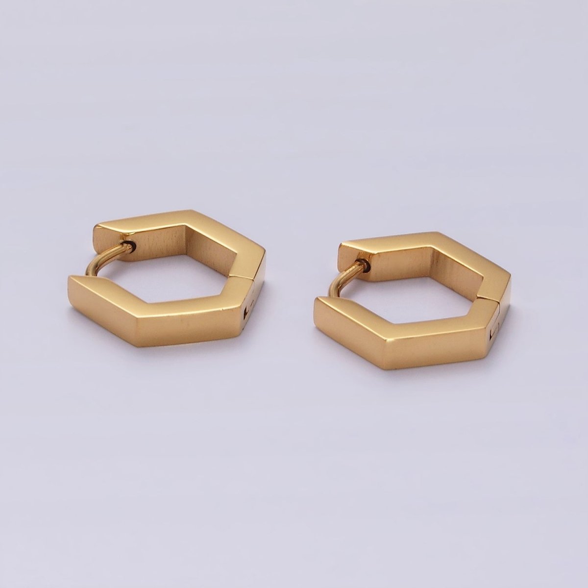 Stainless Steel 14mm Flat Hexagon Minimalist Huggie Earrings in Gold & Silver | V195 V196 - DLUXCA