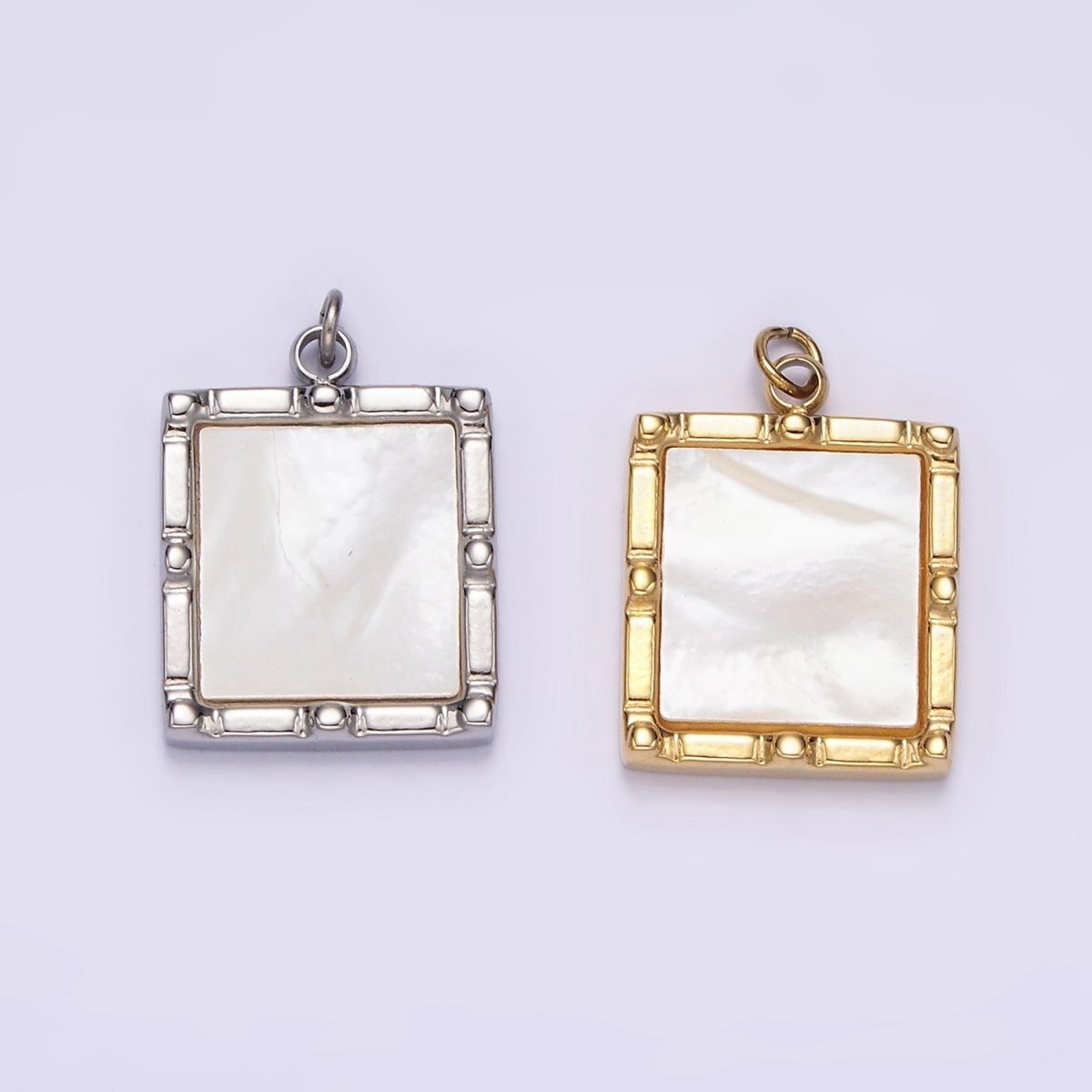 Stainless Steel 15mm Shell Pearl Square Bar Dot Bezel Charm in Silver & Gold | P682 P683 - DLUXCA