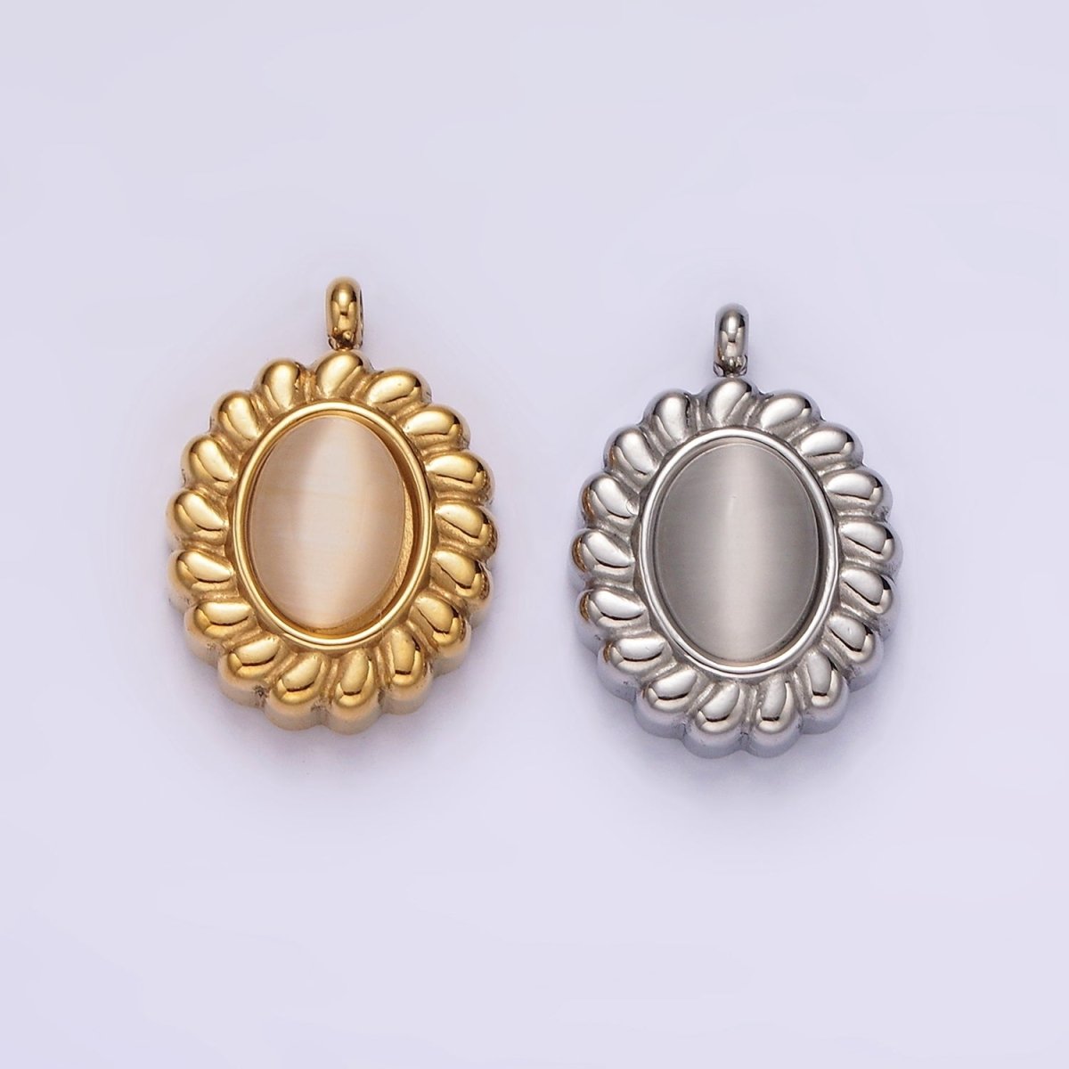 Stainless Steel 17mm Chrysoberyl Cat's Eye Puffed Outline Oval Charm in Gold & Silver | P1261 P1262 - DLUXCA