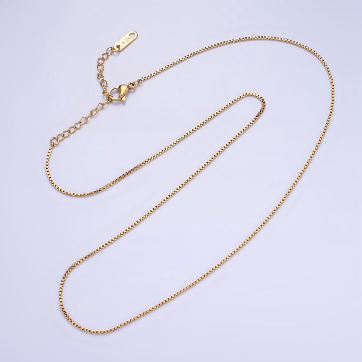 Stainless Steel 1mm Box Chain 18 Inch Necklace w. Extender in Gold & Silver | WA-2482 WA-2483 - DLUXCA