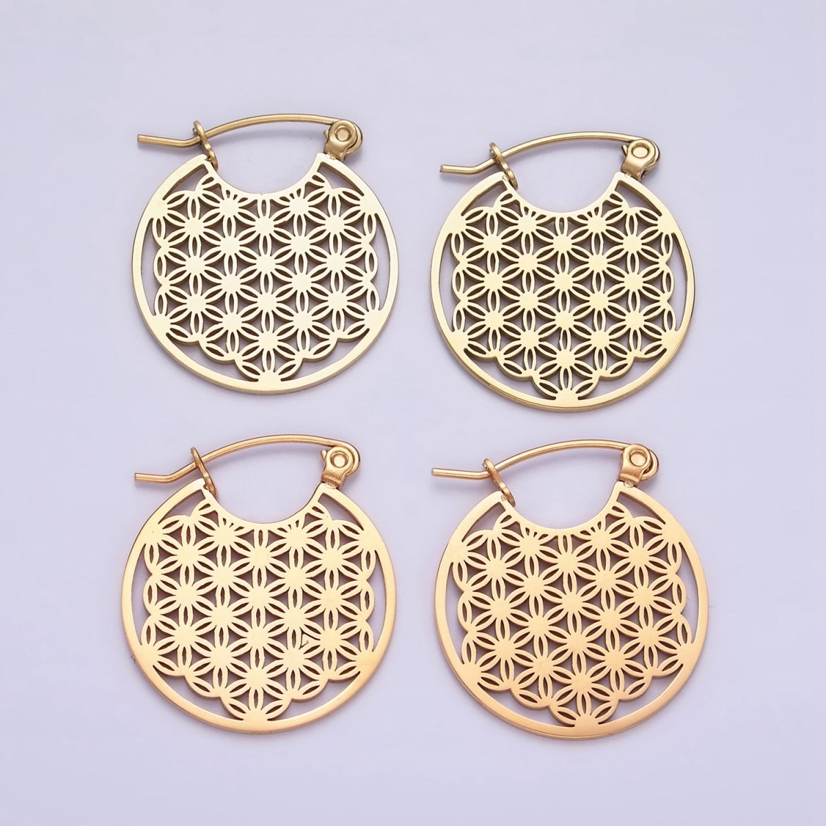 Stainless Steel 20mm Artisan Flower Open Round Latch Hoop Earrings | AE709 AE710 - DLUXCA