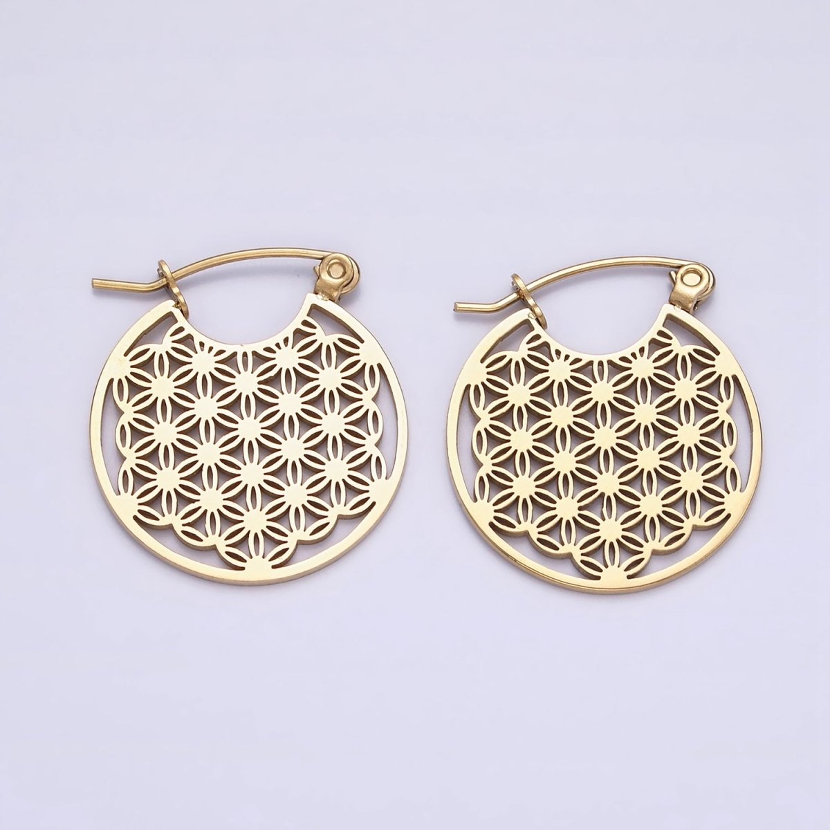 Stainless Steel 20mm Artisan Flower Open Round Latch Hoop Earrings | AE709 AE710 - DLUXCA