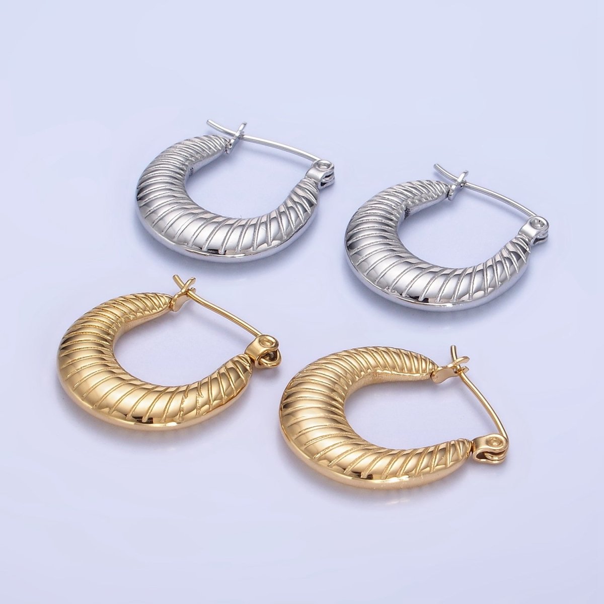 Stainless Steel 20mm Line-Textured Latch Hoop Earrings in Gold & Silver | AB1380 AB1381 - DLUXCA