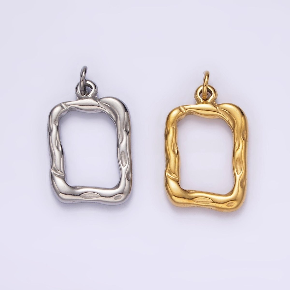 Stainless Steel 20mm Open Hammered Rectangular Charm in Gold & Silver | P1263 P1264 - DLUXCA