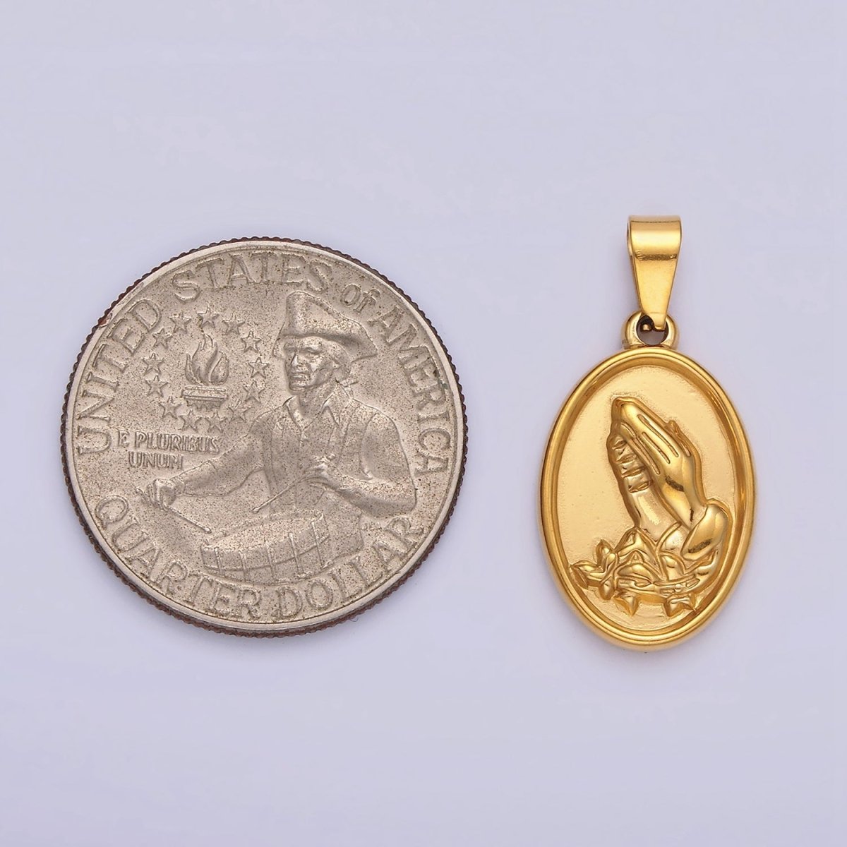 Stainless Steel 20mm Prayer Hands Religious Lined Double Sided Oval Pendant | P-803 - DLUXCA