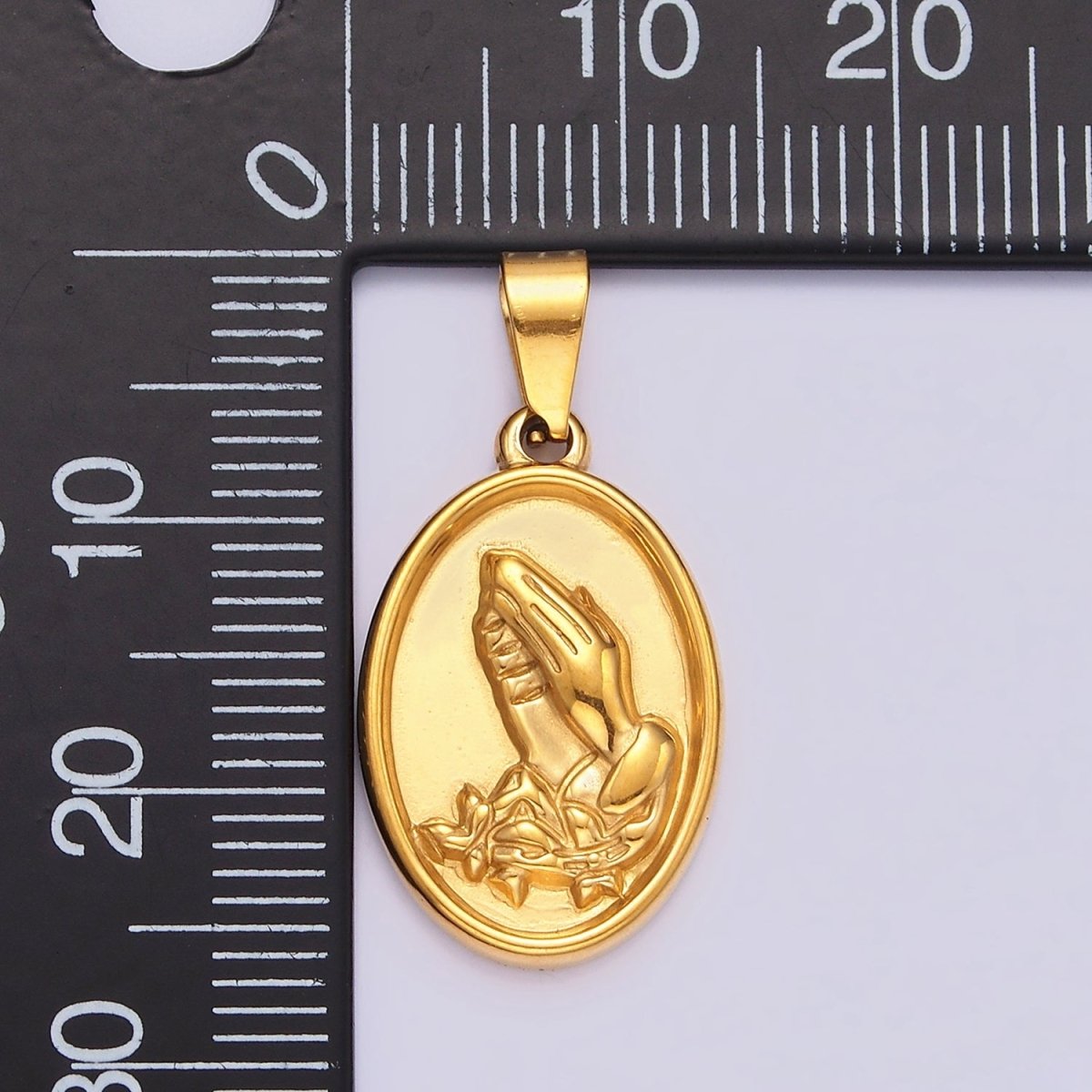 Stainless Steel 20mm Prayer Hands Religious Lined Double Sided Oval Pendant | P-803 - DLUXCA