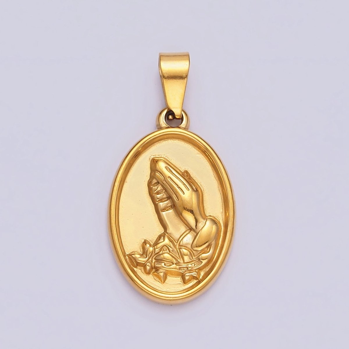 Stainless Steel 20mm Prayer Hands Religious Lined Double Sided Oval Pendant | P-803 - DLUXCA