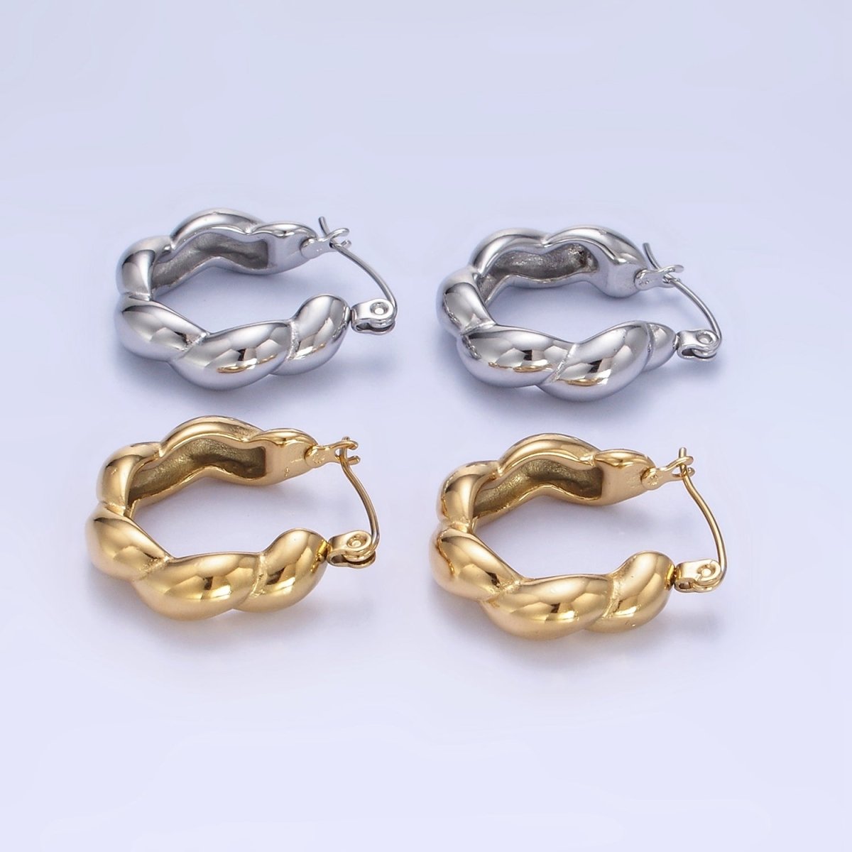 Stainless Steel 20mm Puffed Croissant Latch Hoop Earrings in Gold & Silver | AB1384 AB1385 - DLUXCA