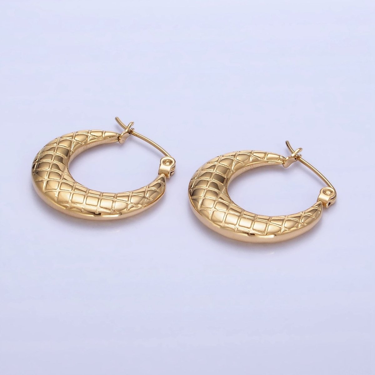 Stainless Steel 20mm Quilted Lined Latch Hoop Earrings in Gold & Silver | AB1378 AB1379 - DLUXCA