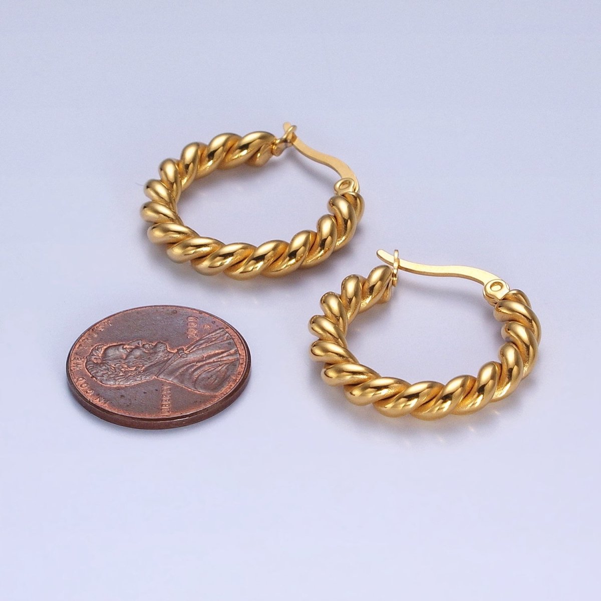 Stainless Steel 24mm Gold Braided Twist Hoop Latch Earrings | AB350 - DLUXCA