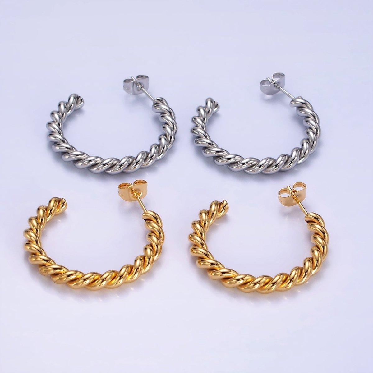Stainless Steel 25mm, 30mm Croissant Rope C-Shaped Hoop Earrings in Gold & Silver | AE215 - AE217 - DLUXCA