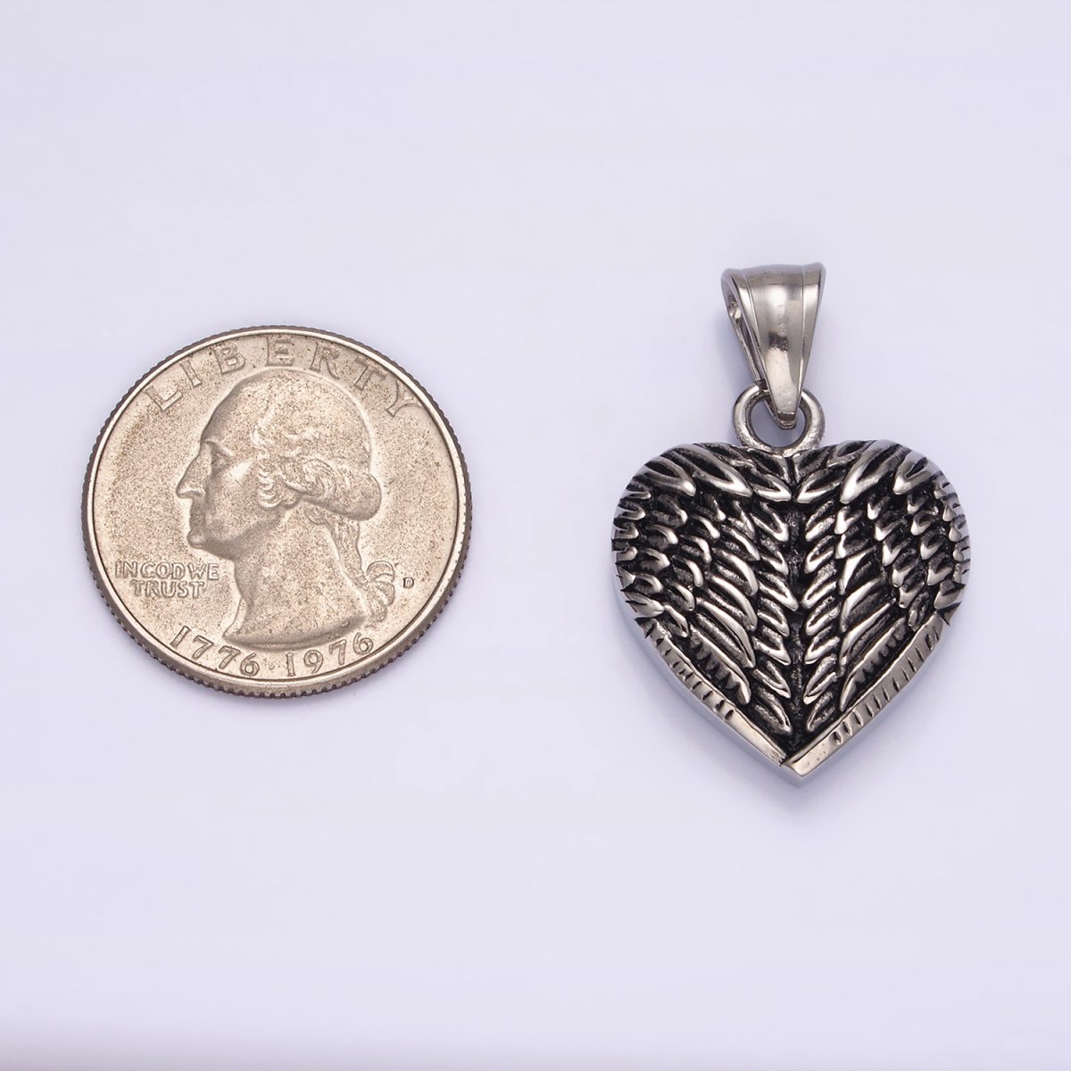 Stainless Steel 25mm Feather Wings Heart Pendant | P-826 - DLUXCA