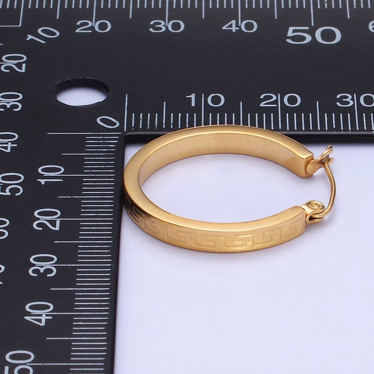 Stainless Steel 25mm Geometric Lined Engraved Latch Hoop Earrings in Gold & Silver | P442 P443 - DLUXCA
