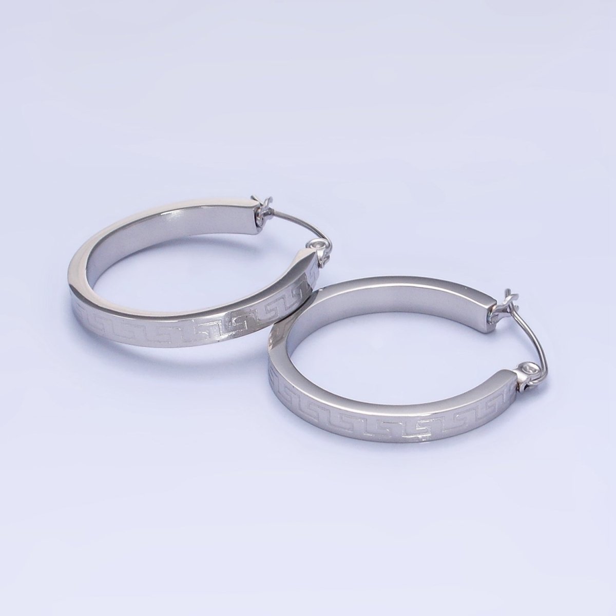 Stainless Steel 25mm Geometric Lined Engraved Latch Hoop Earrings in Gold & Silver | P442 P443 - DLUXCA
