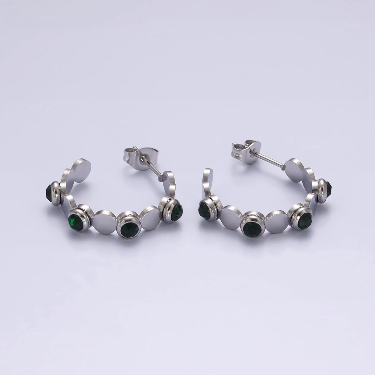 Stainless Steel 25mm Green, Clear CZ Dotted Bubble C-Shaped Hoop Earrings in Silver & Gold | AE865 - AE868 - DLUXCA