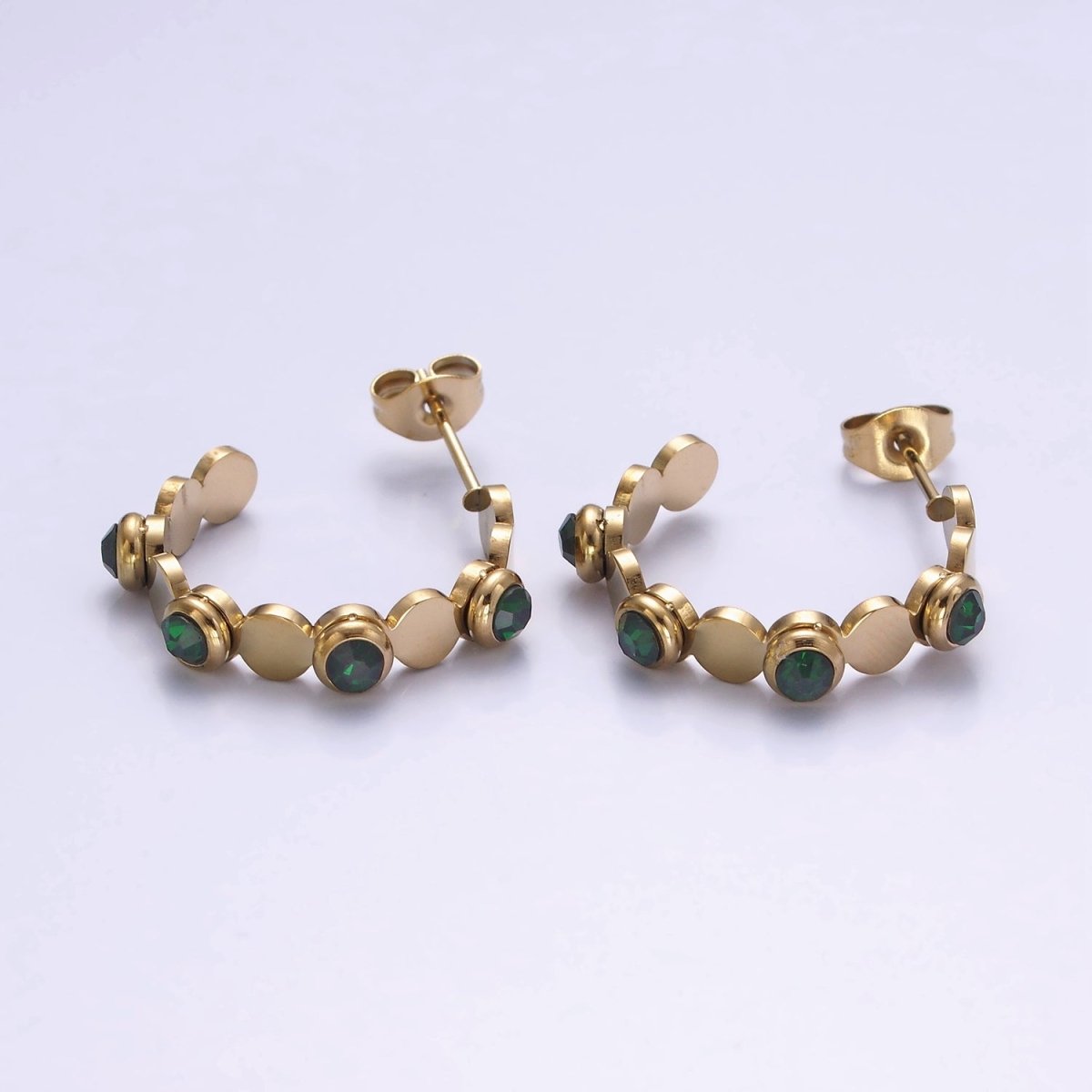 Stainless Steel 25mm Green, Clear CZ Dotted Bubble C-Shaped Hoop Earrings in Silver & Gold | AE865 - AE868 - DLUXCA