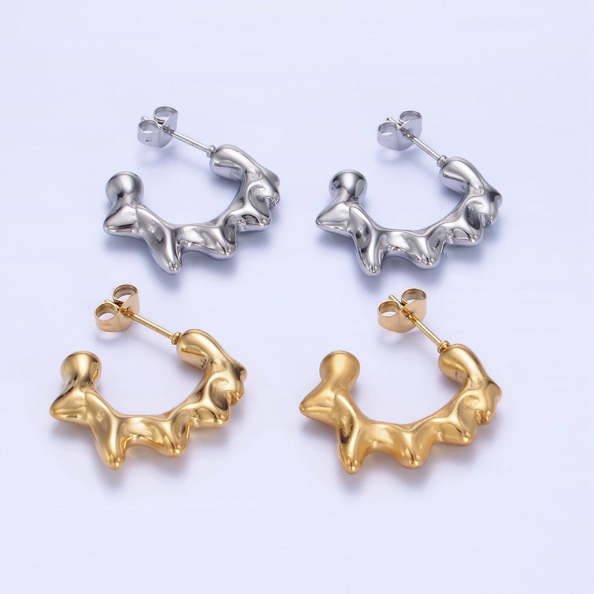 Stainless Steel 25mm Molten Drop C-Shaped Hoop Earrings in Gold & Silver | P444 P445 - DLUXCA