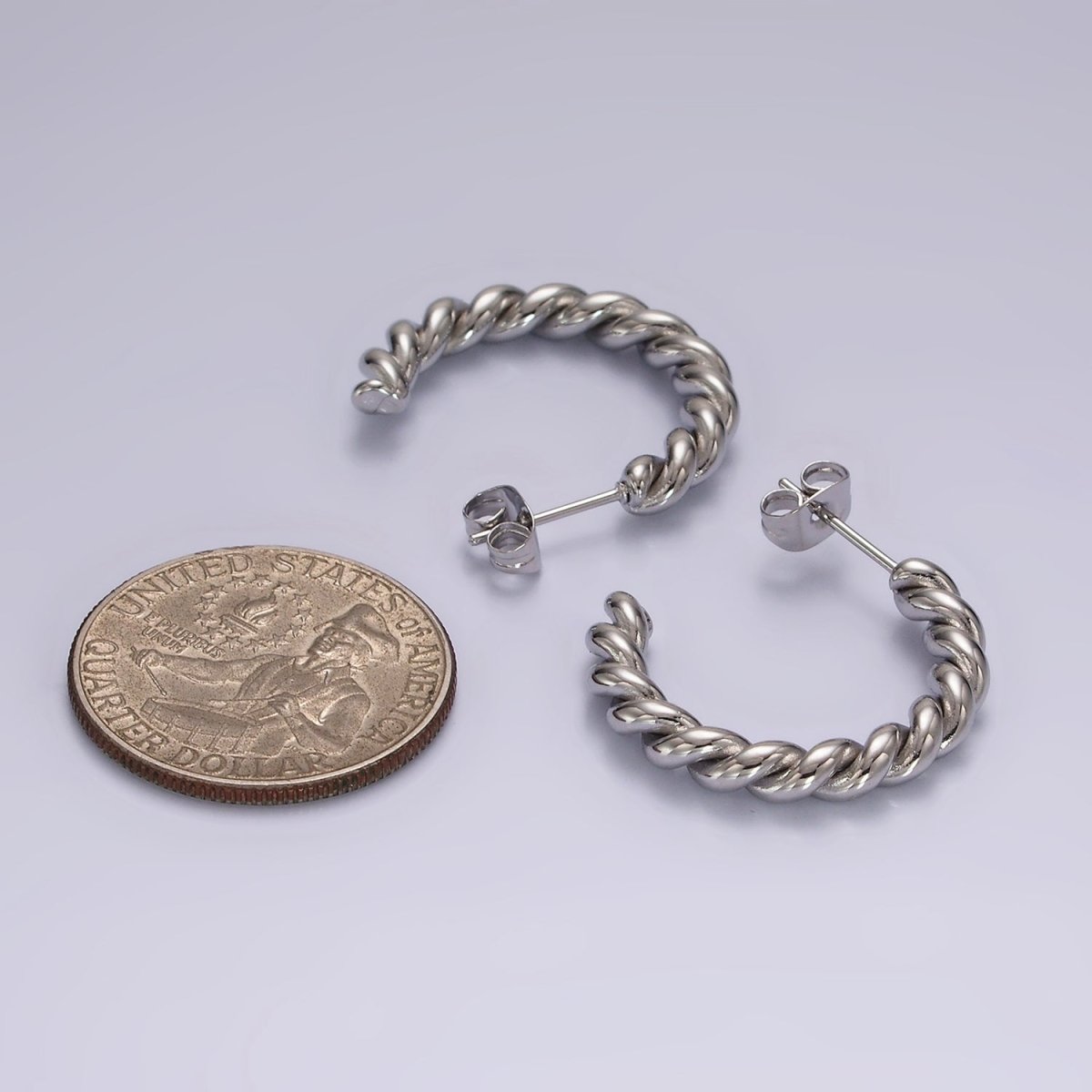 Stainless Steel 25mm Twisted Rope C-Shaped Hoop Earrings | AE389 - DLUXCA
