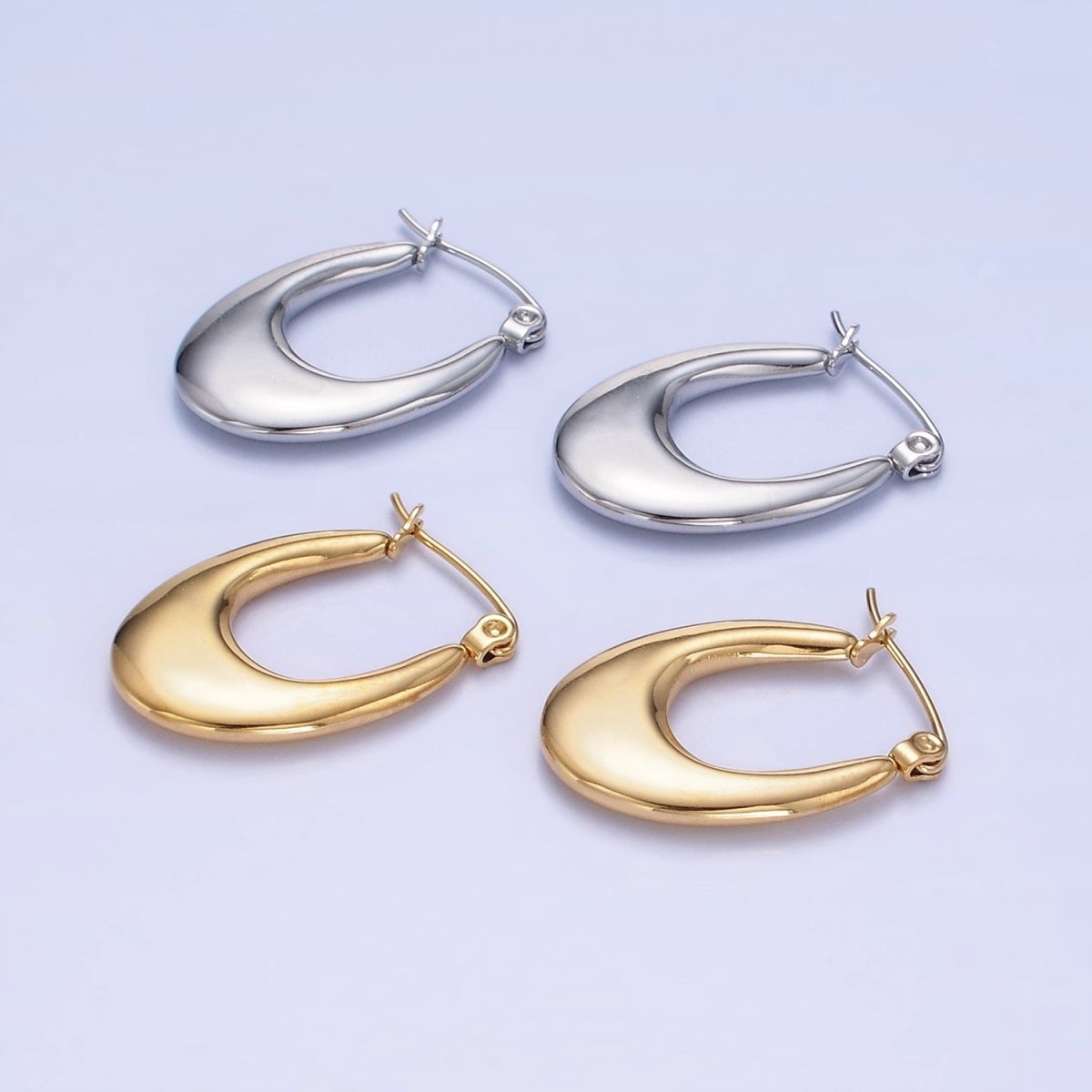 Stainless Steel 25mm U-Shaped Oblong Latch Hoop Earrings in Gold & Silver | AB1390 AB1391 - DLUXCA