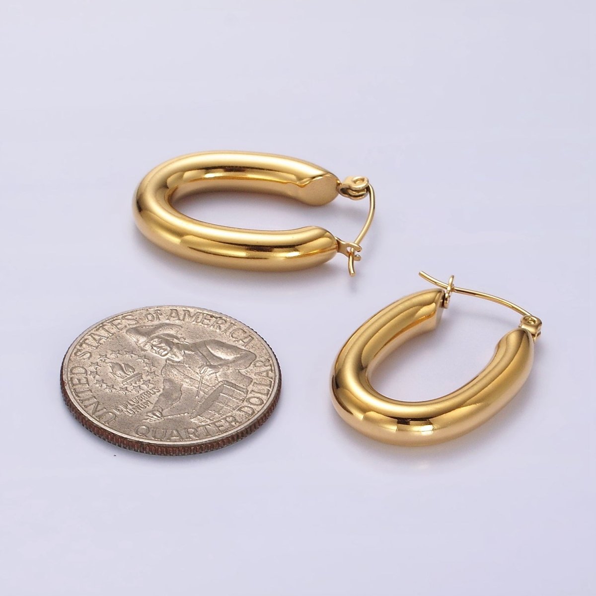 Stainless Steel 28mm Chubby Oblong Latch Hoop Earrings in Gold & Silver | AE210 AE211 - DLUXCA