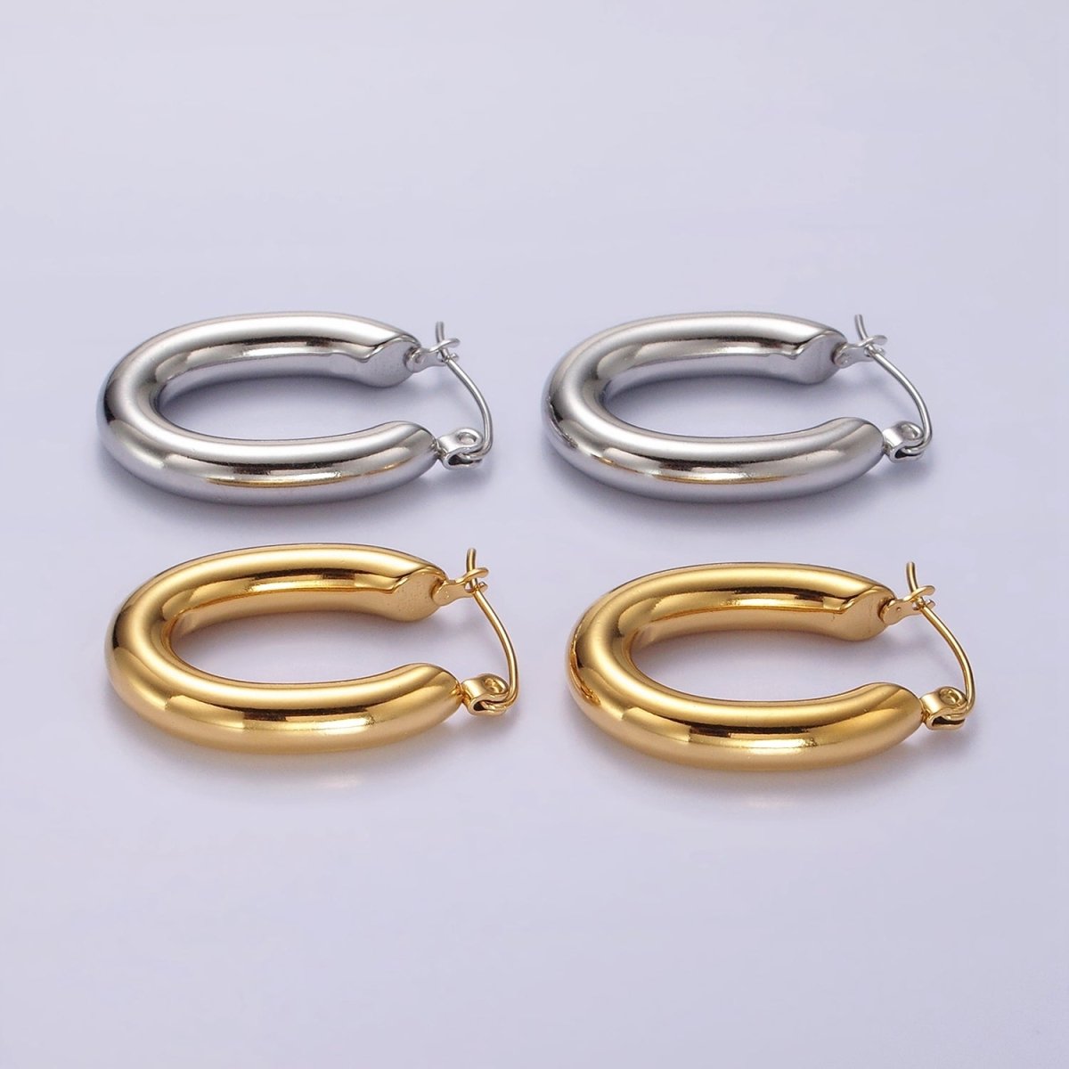 Stainless Steel 28mm Chubby Oblong Latch Hoop Earrings in Gold & Silver | AE210 AE211 - DLUXCA