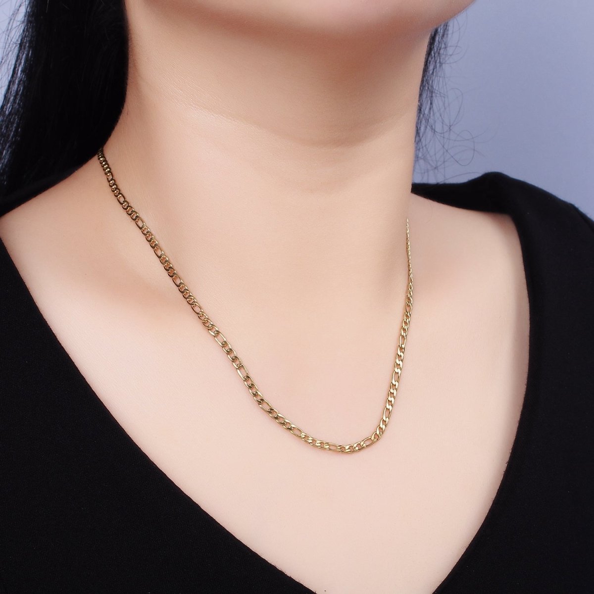 Stainless Steel 2.8mm Flat Figaro 17.72 Inch Layering Princess Chain Necklace | WA-2002 Clearance Pricing - DLUXCA