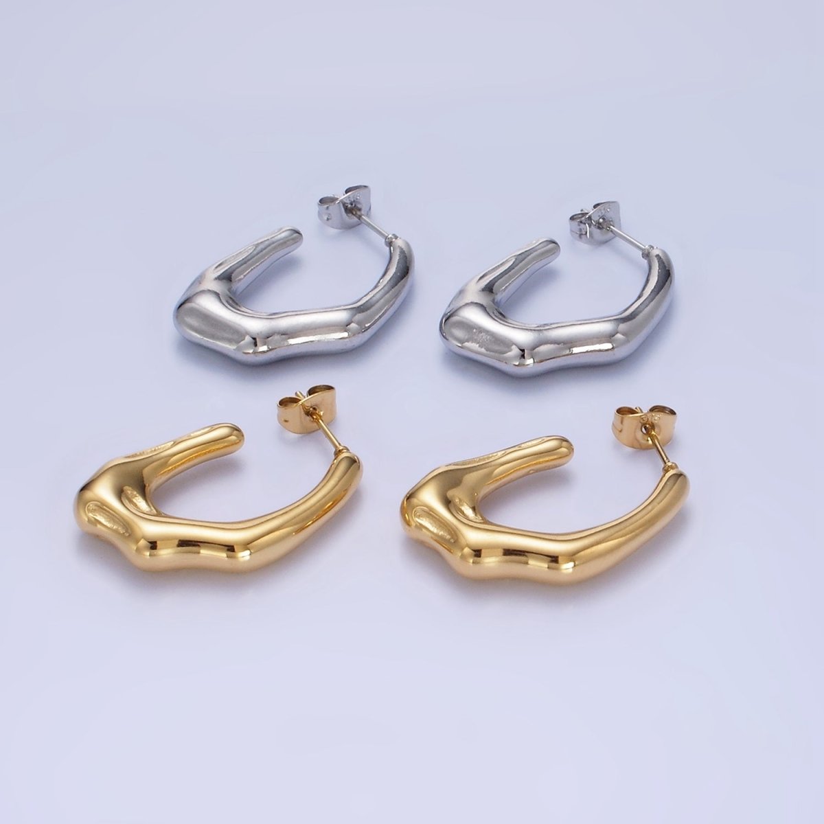 Stainless Steel 28mm Molten Abstract J-Shaped Hoop Earring in Gold & Silver | P438 P439 - DLUXCA