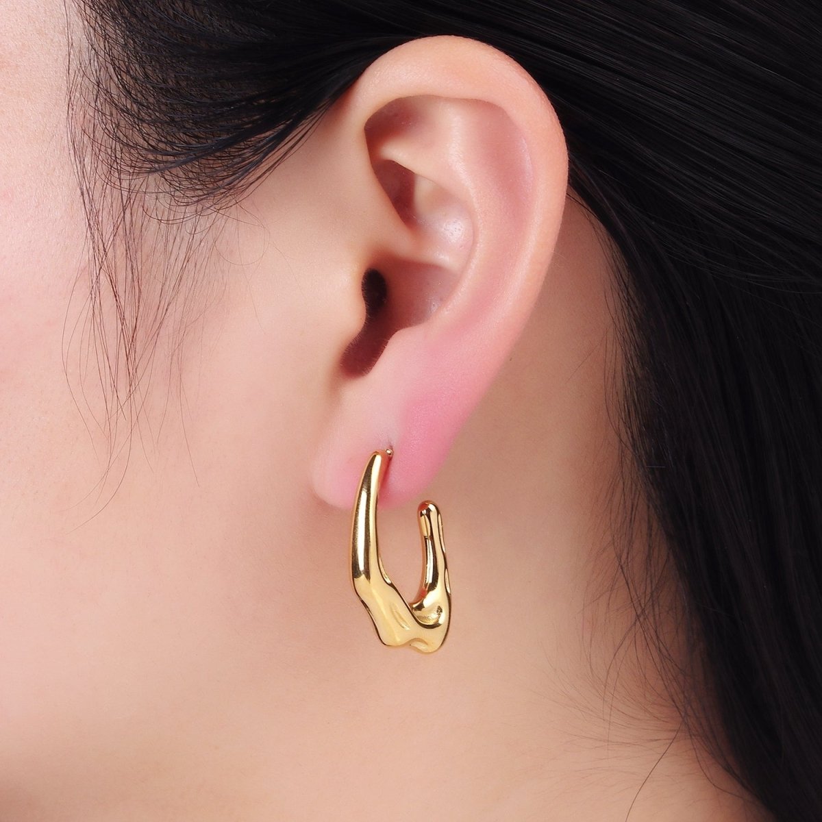 Stainless Steel 28mm Molten Abstract J-Shaped Hoop Earring in Gold & Silver | P438 P439 - DLUXCA