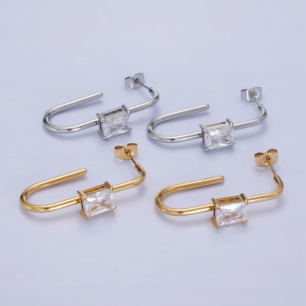 Stainless Steel 35mm Baguette J-Shaped Earrings in Gold & Silver | AB1382 AB1383 - DLUXCA