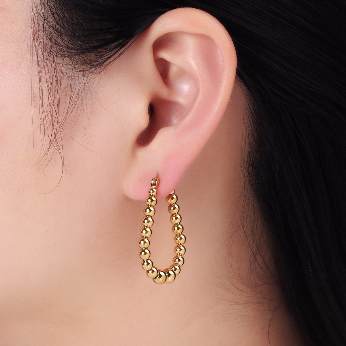 Stainless Steel 35mm Beaded Bubble Oblong Latch Hoop Earrings in Gold & Silver | AB1374 AB1375 - DLUXCA