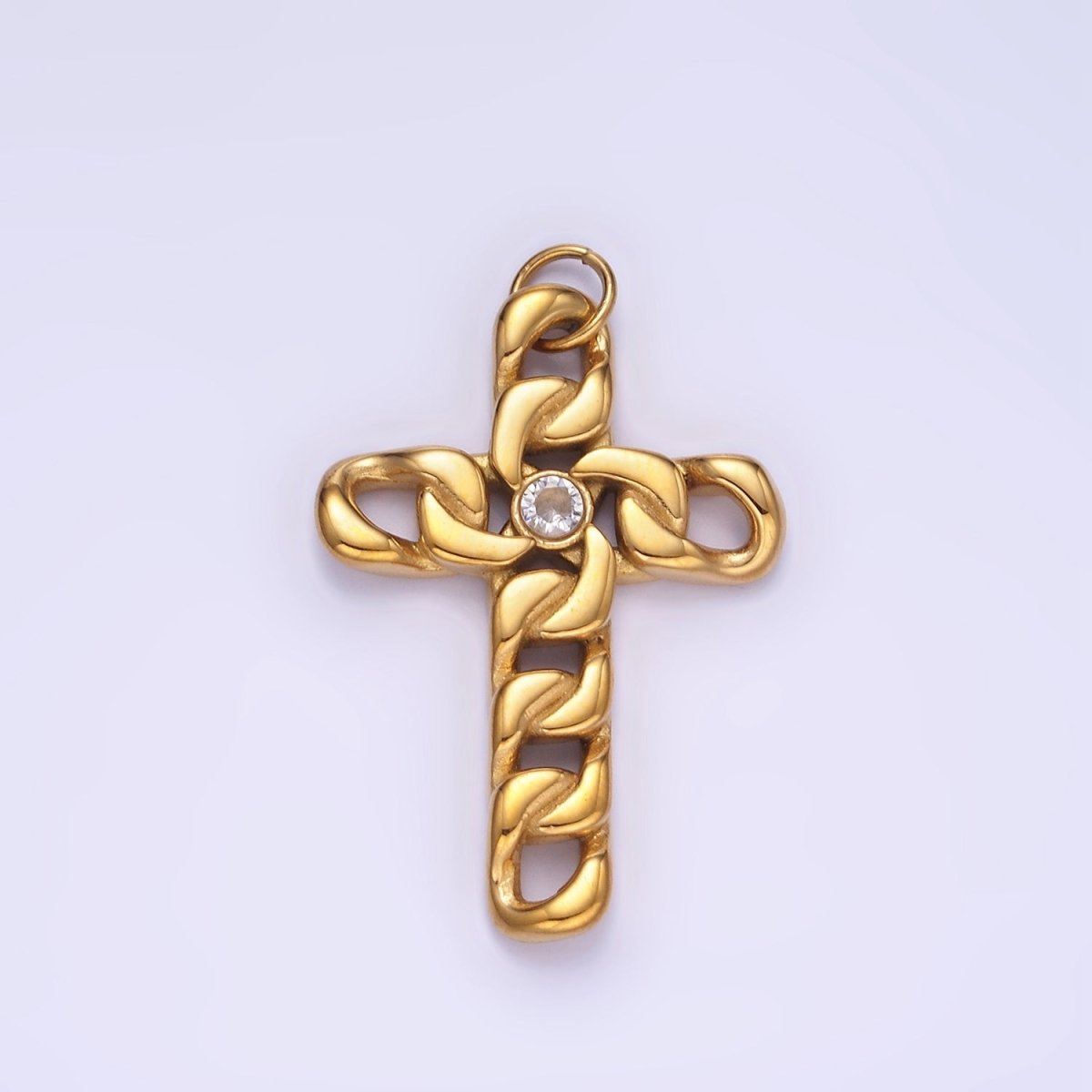 Stainless Steel 35mm CZ Curb Chain Religious Cross Charm in Gold & Silver | P965 - DLUXCA
