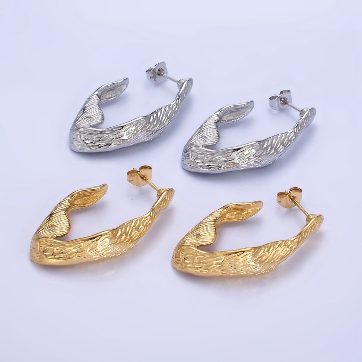 Stainless Steel 35mm Line-Textured Abstract Foil J-Shaped Earrings in Gold & Silver | AB1370 AB1371 - DLUXCA