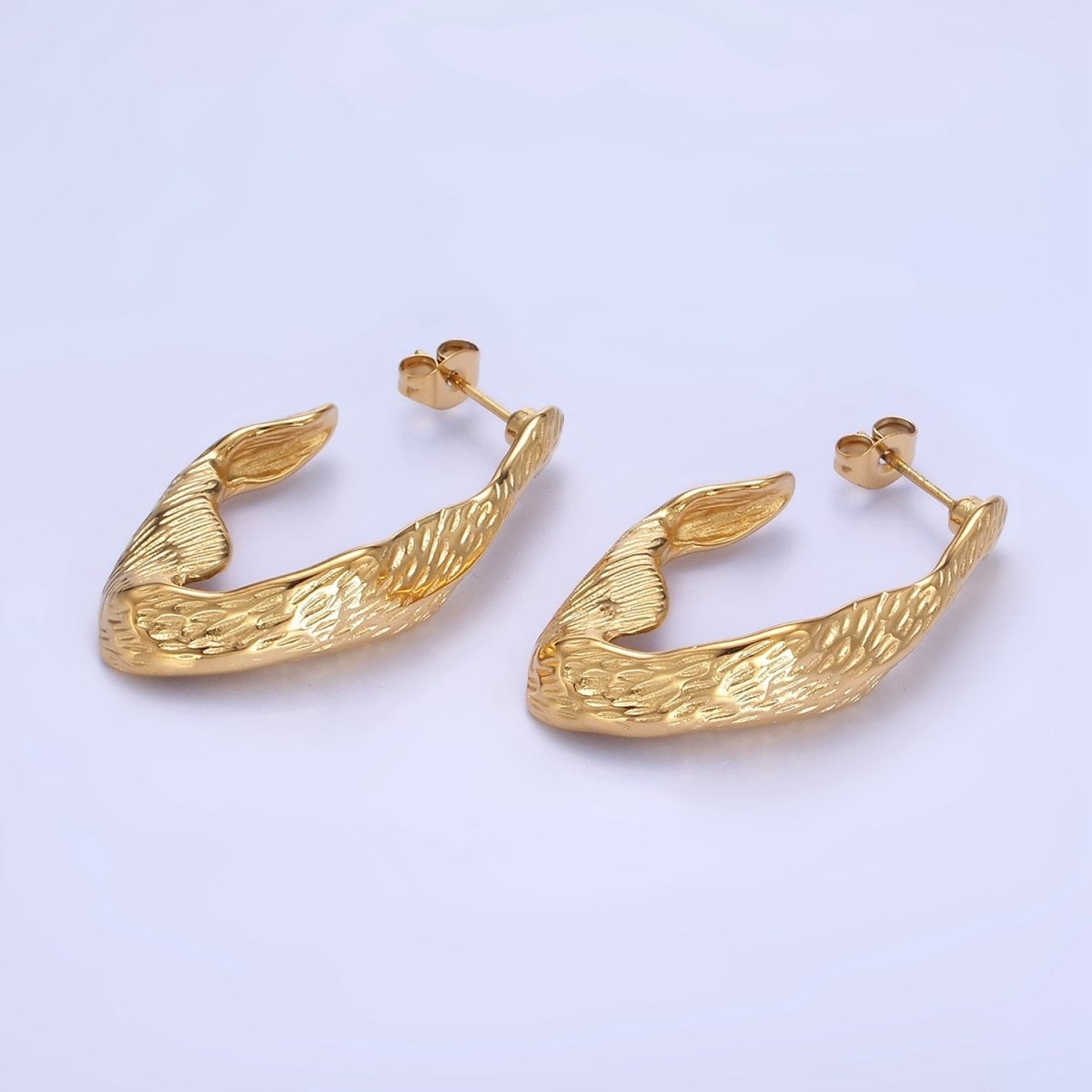 Stainless Steel 35mm Line-Textured Abstract Foil J-Shaped Earrings in Gold & Silver | AB1370 AB1371 - DLUXCA