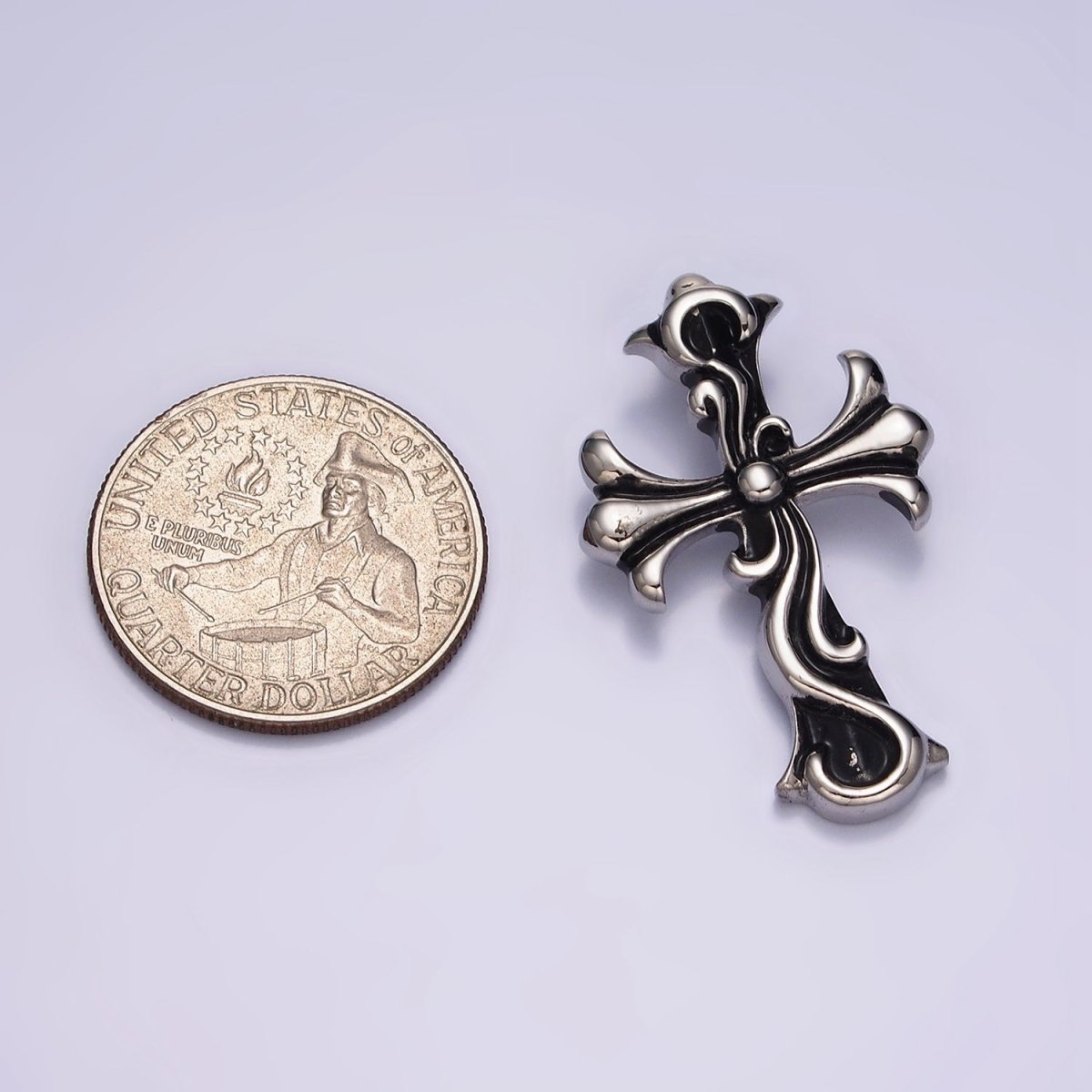 Stainless Steel 35mm Twirl Ribbon Fleury Cross Charm P-553 - DLUXCA