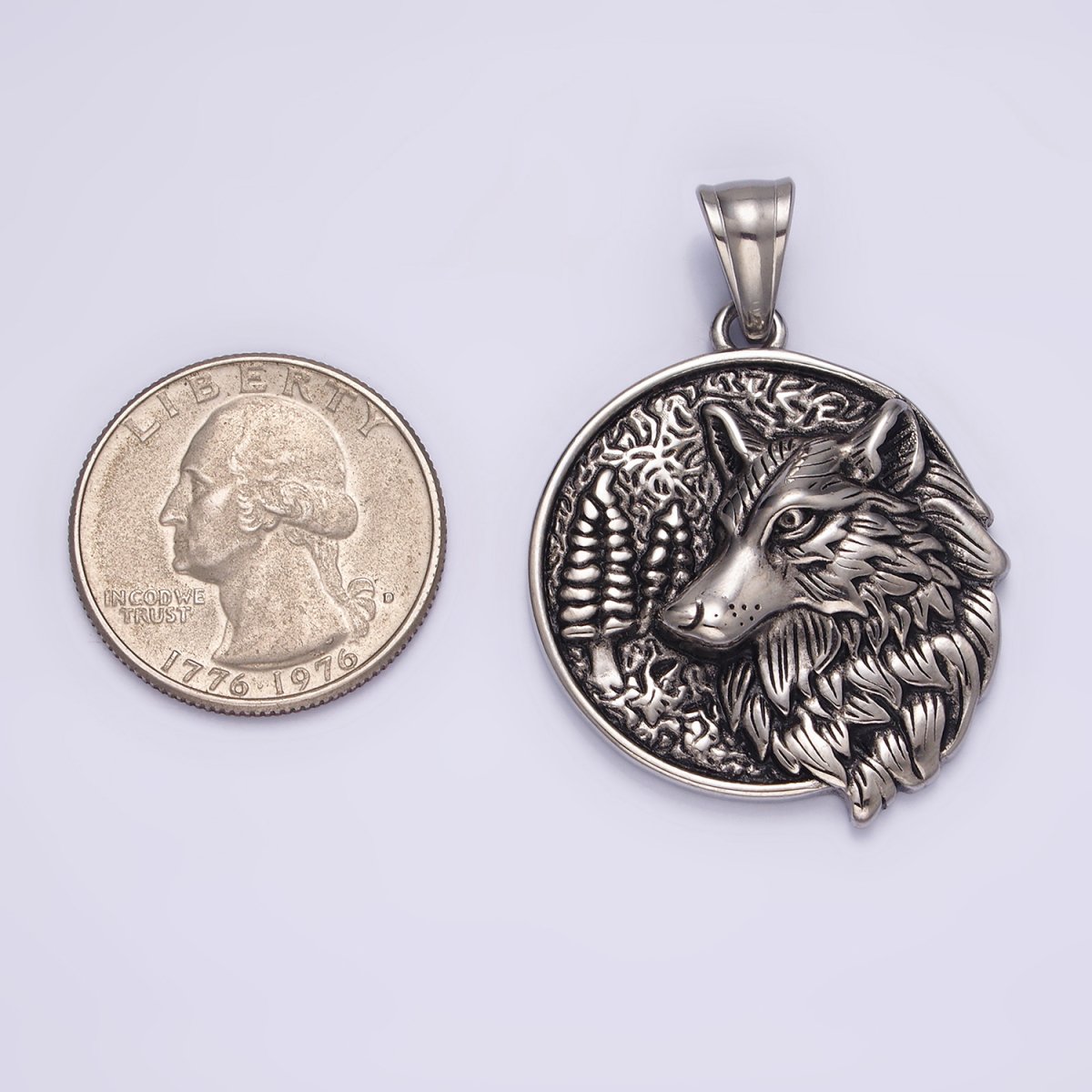 Stainless Steel 35mm Wolf Animal Nature Forest Trees Textured Round Pendant | P-827 - DLUXCA