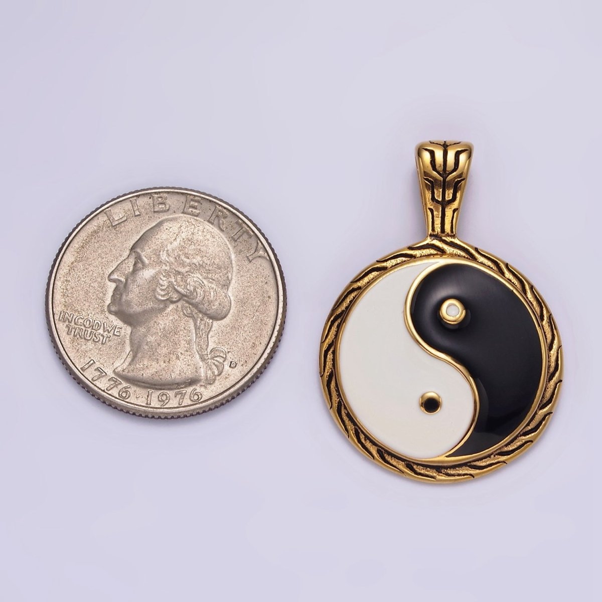 Stainless Steel 35mm Yin Yang Enamel Round Line-Textured Pendant in Silver & Gold | P-723 P-724 - DLUXCA