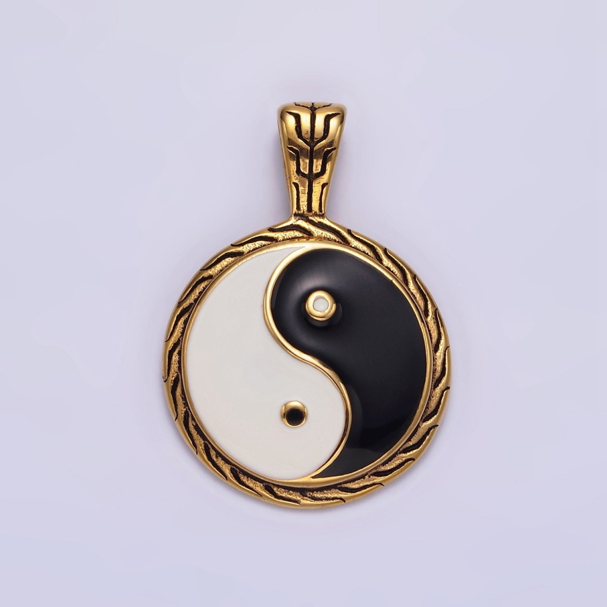 Stainless Steel 35mm Yin Yang Enamel Round Line-Textured Pendant in Silver & Gold | P-723 P-724 - DLUXCA