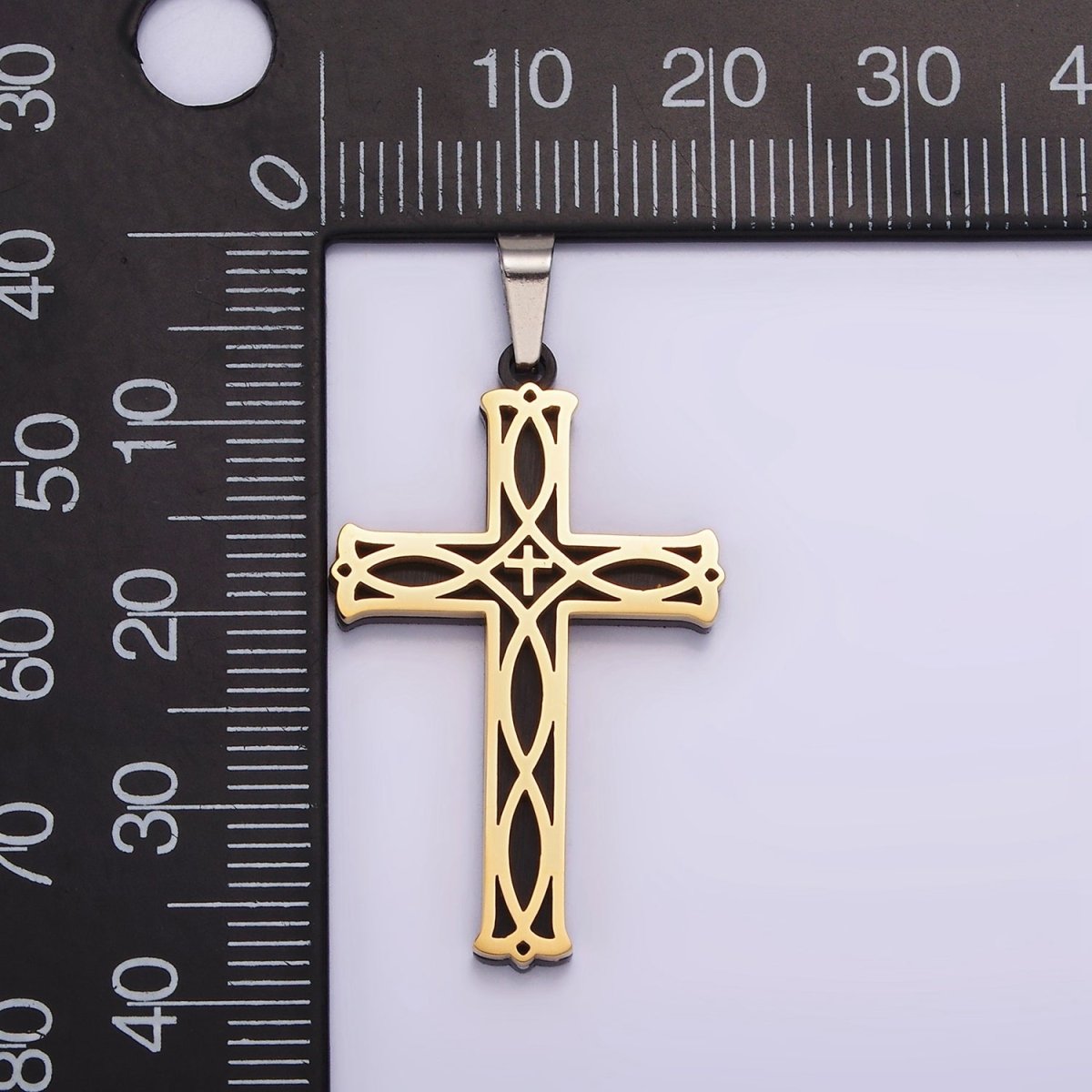 Stainless Steel 37.5mm Celtic Black Back Accented Artisan Bar Religious Cross in Gold & Silver | P-757 P-758 - DLUXCA