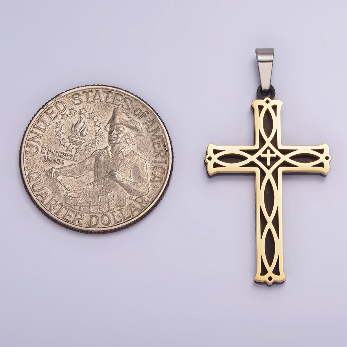 Stainless Steel 37.5mm Celtic Black Back Accented Artisan Bar Religious Cross in Gold & Silver | P-757 P-758 - DLUXCA