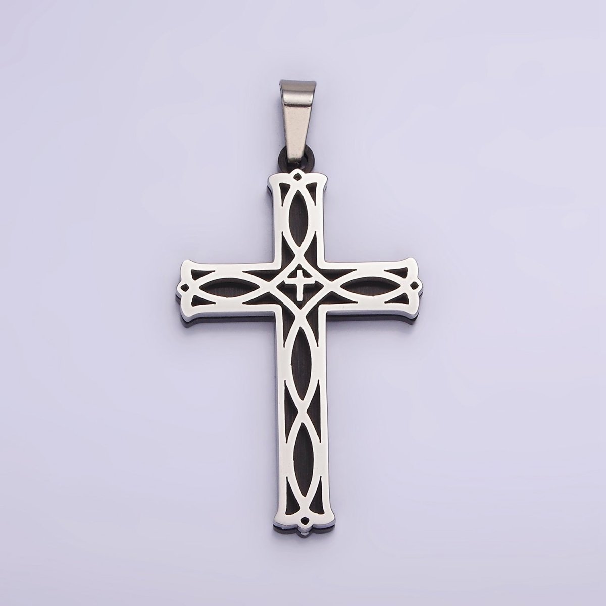 Stainless Steel 37.5mm Celtic Black Back Accented Artisan Bar Religious Cross in Gold & Silver | P-757 P-758 - DLUXCA