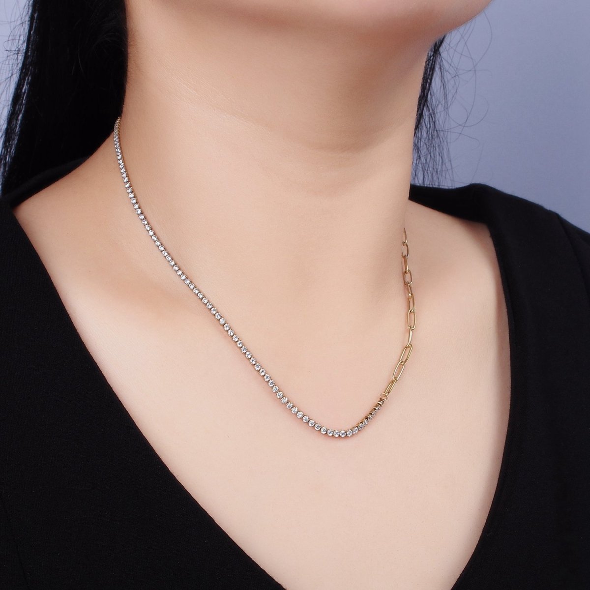 Stainless Steel 3mm Half Paperclip Clear Tennis Chain 15.5 Inch Choker Chain Necklace | WA-2046 Clearance Pricing - DLUXCA