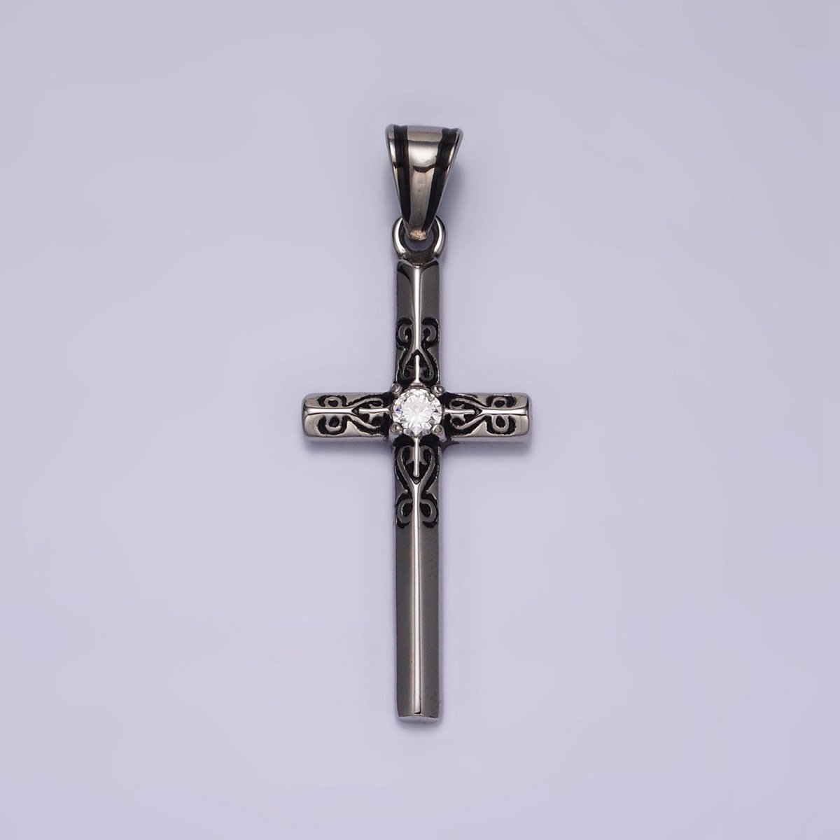 Stainless Steel 40mm, 50mm Round Clear CZ Engraved Edged Latin Cross Pendant P-555 P-556 - DLUXCA