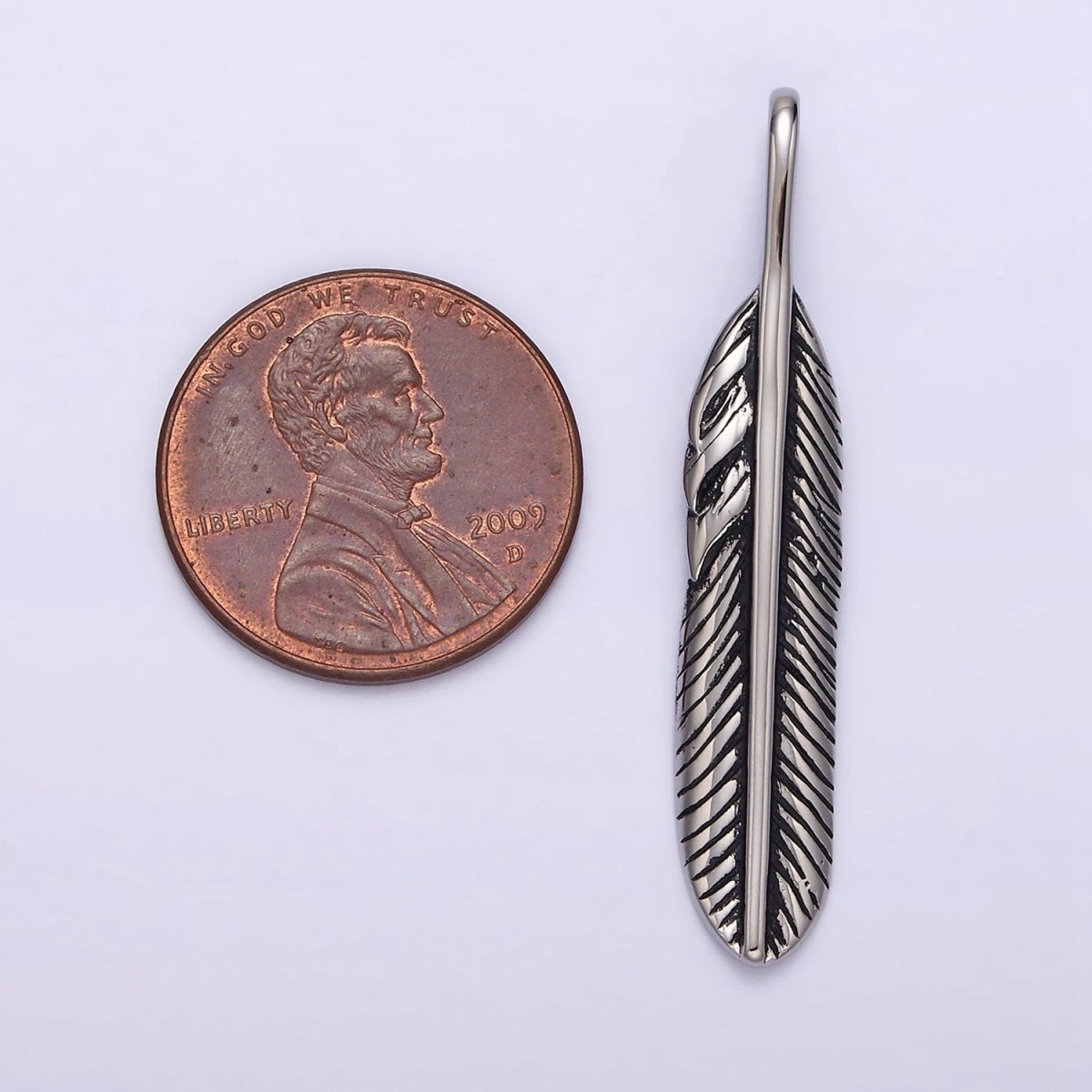 Stainless Steel 40mm Linear-Lined Feather Pendant | P-769 - DLUXCA