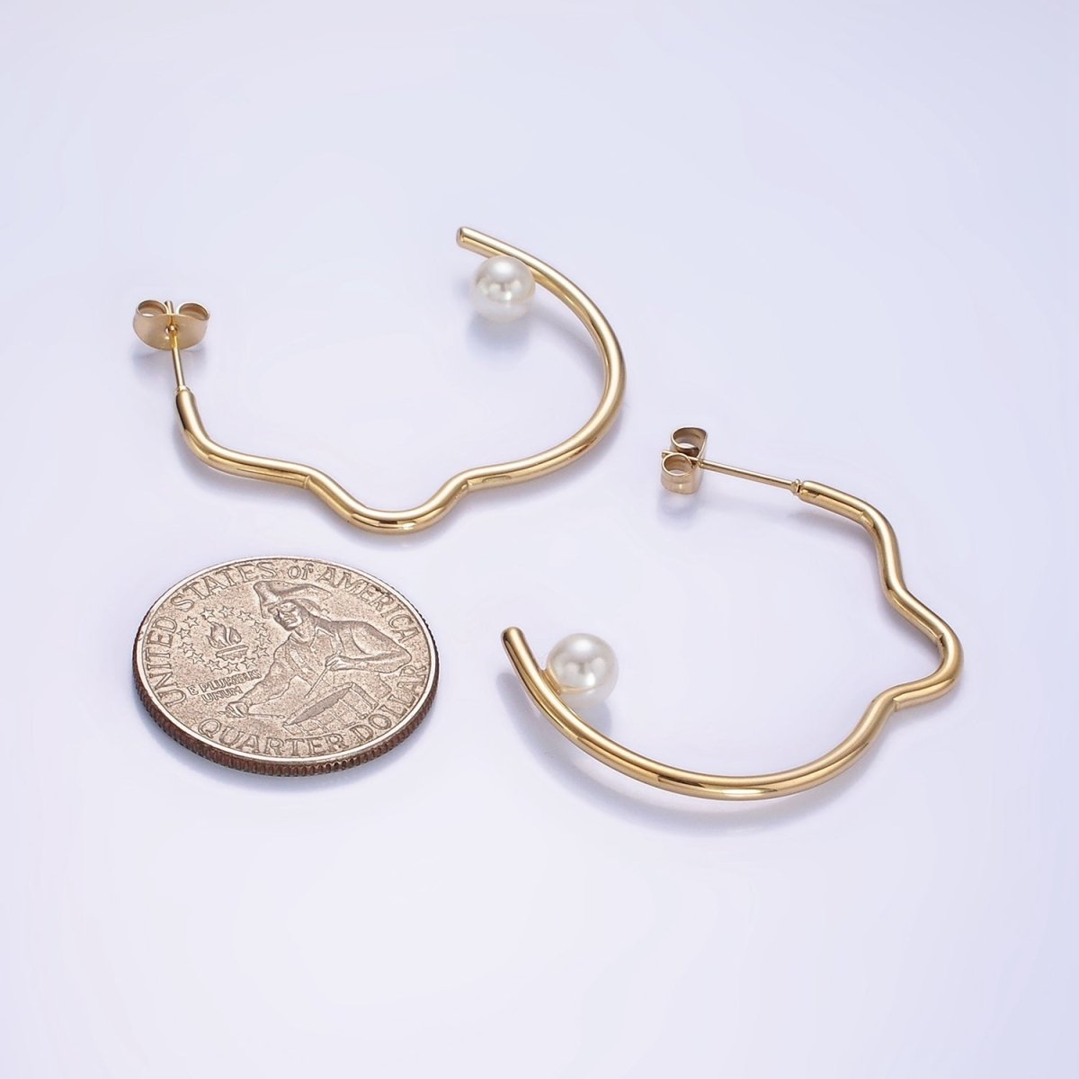 Stainless Steel 40mm Pearl Geometric Curved C-Shaped Hoop Earrings | AB1150 - DLUXCA