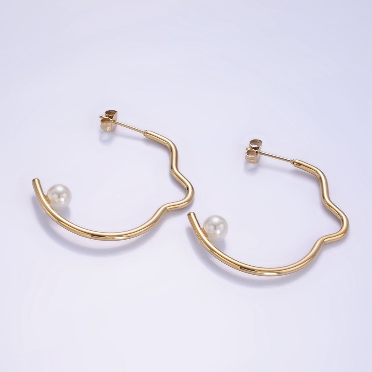 Stainless Steel 40mm Pearl Geometric Curved C-Shaped Hoop Earrings | AB1150 - DLUXCA