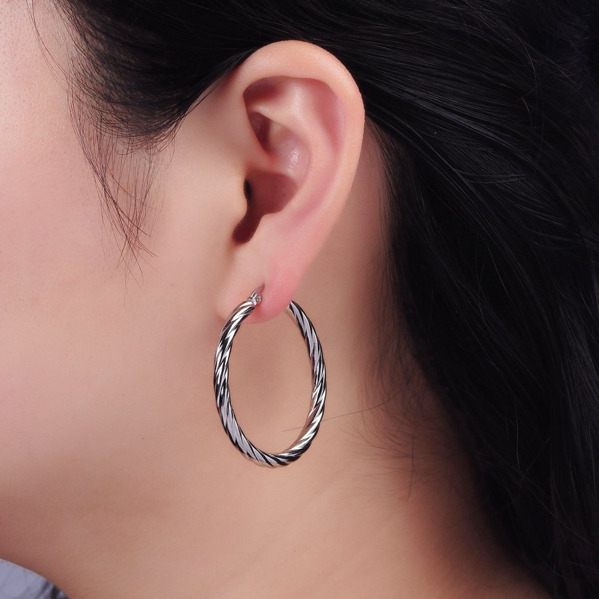 Stainless Steel 40mm Twisted Line-Textured Latch Hoop Earrings | AE247 - DLUXCA